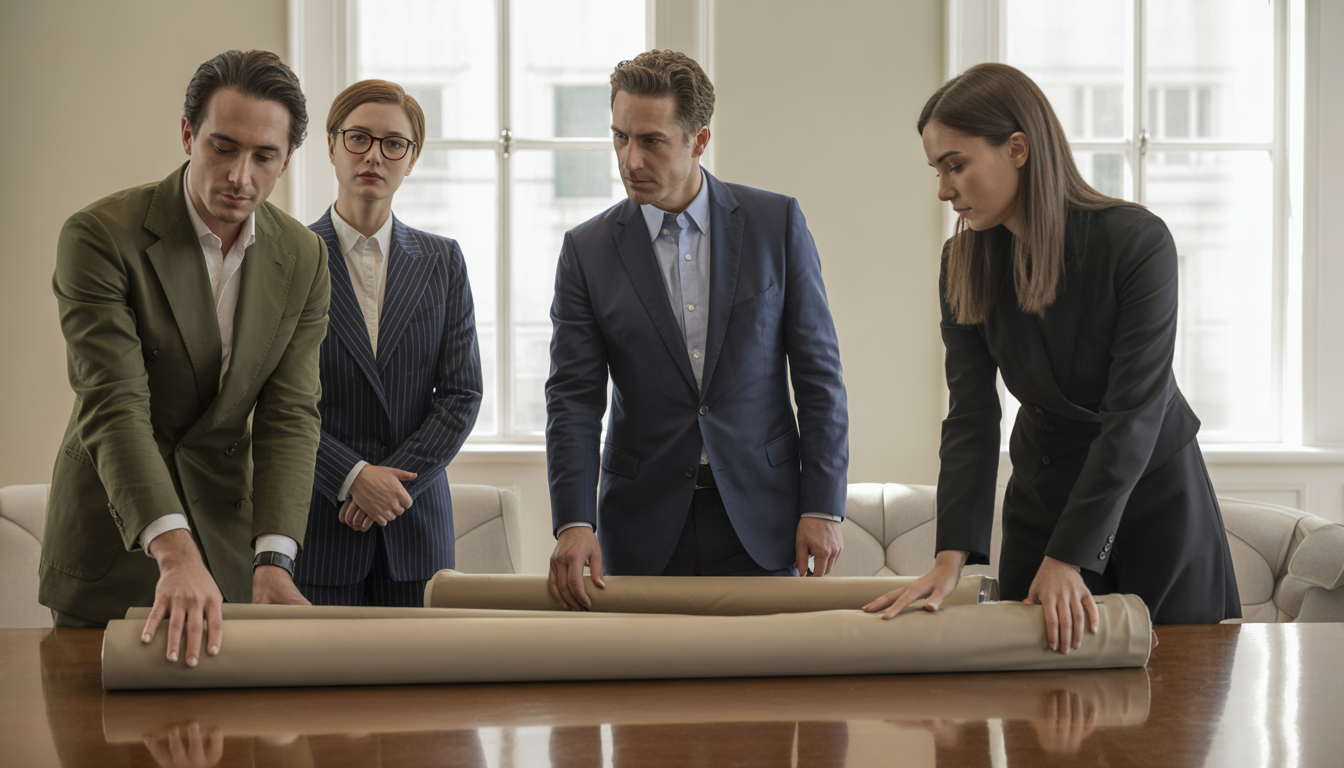 Équipe d’architectes et managers en tenues raffinées travaillant dans un studio moderne et lumineux avec des rouleaux de tissus de luxe sur une table en bois poli