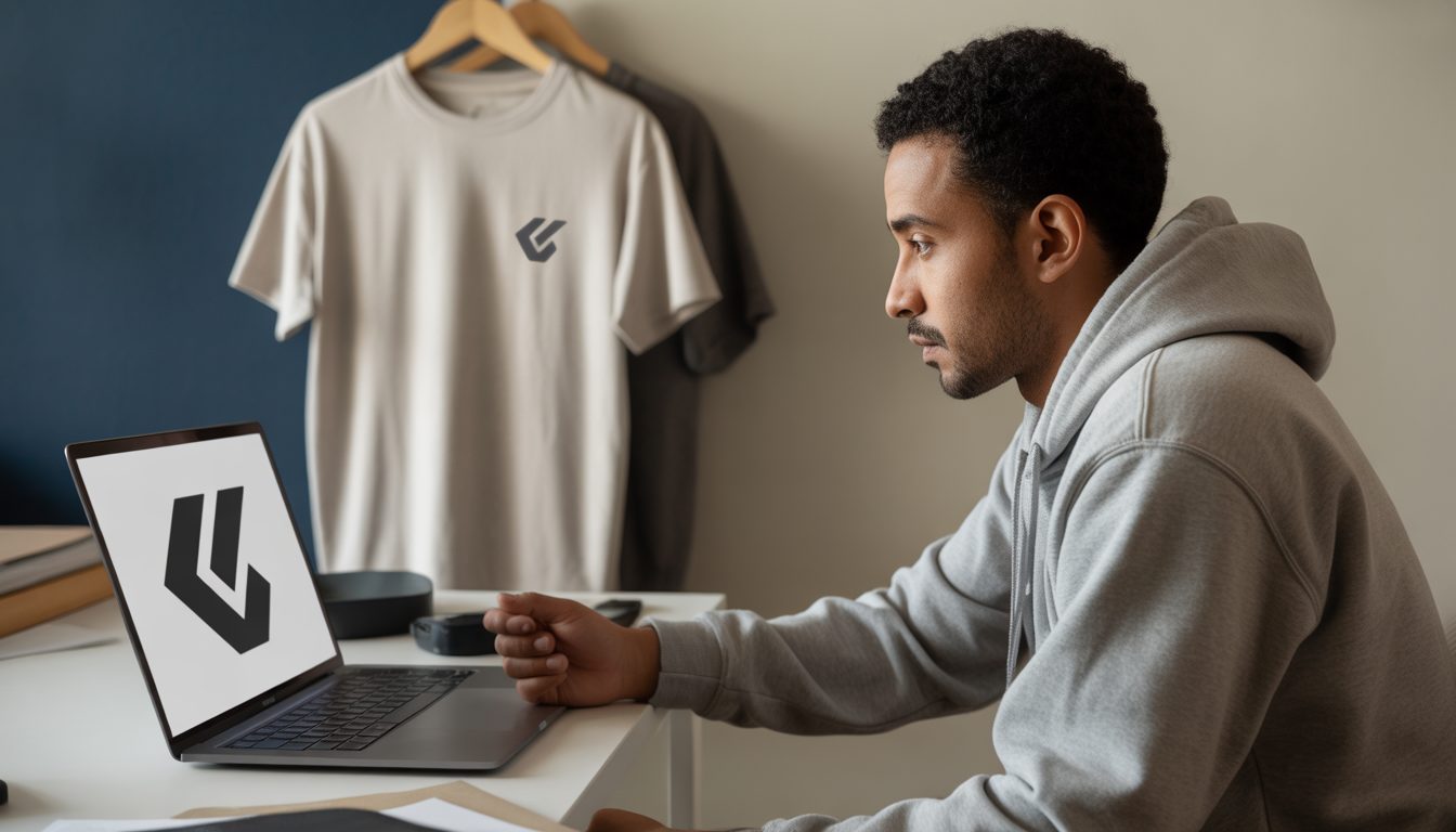 Designer concentré à son bureau avec ordinateur portable affichant un logo géométrique noir et blanc, t-shirts et sweat gris posés à côté