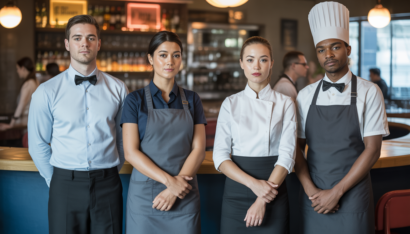 Serveur, cheffe et barman en uniforme élégant dans un restaurant moderne à l’ambiance chaleureuse