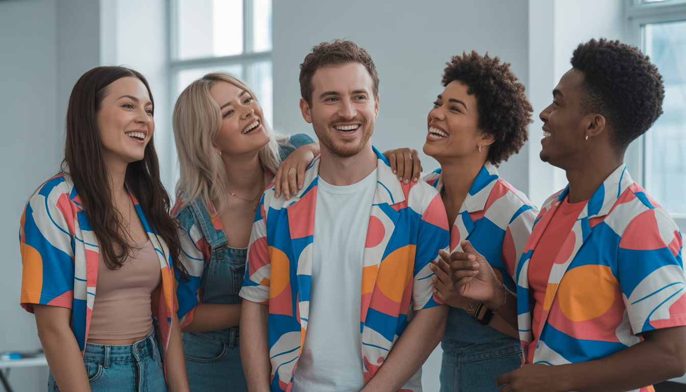 Créateur de contenu entouré d'ambassadeurs joyeux dans un studio lumineux, vêtements colorés et ambiance collaborative